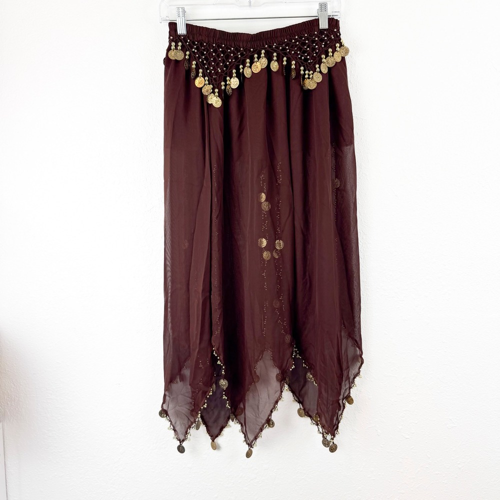 Unbranded Burgundy Chiffon Belly Dance Skirt Coin Trim Handkerchief Hem OS